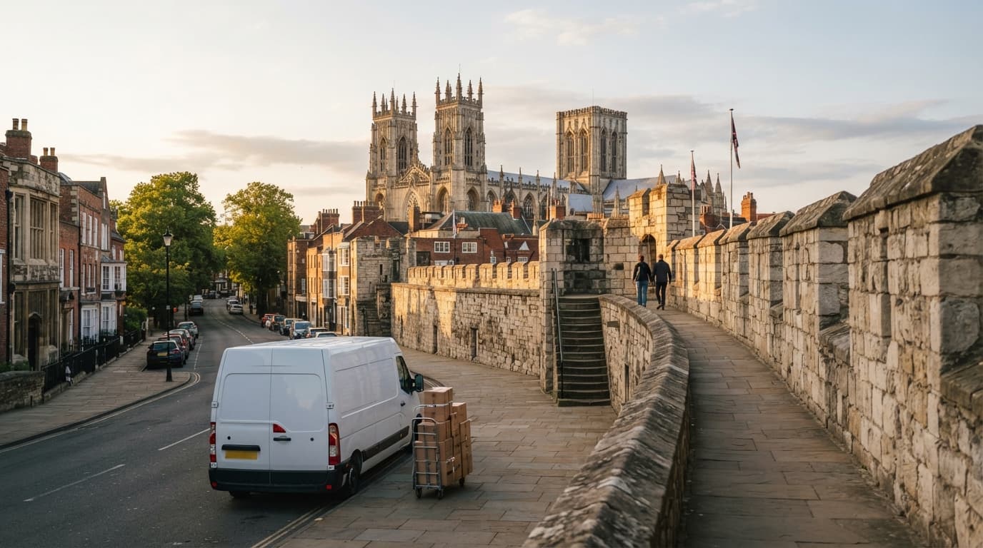 Man and van in York, a removals van on the road below the medieval city walls and the Minster